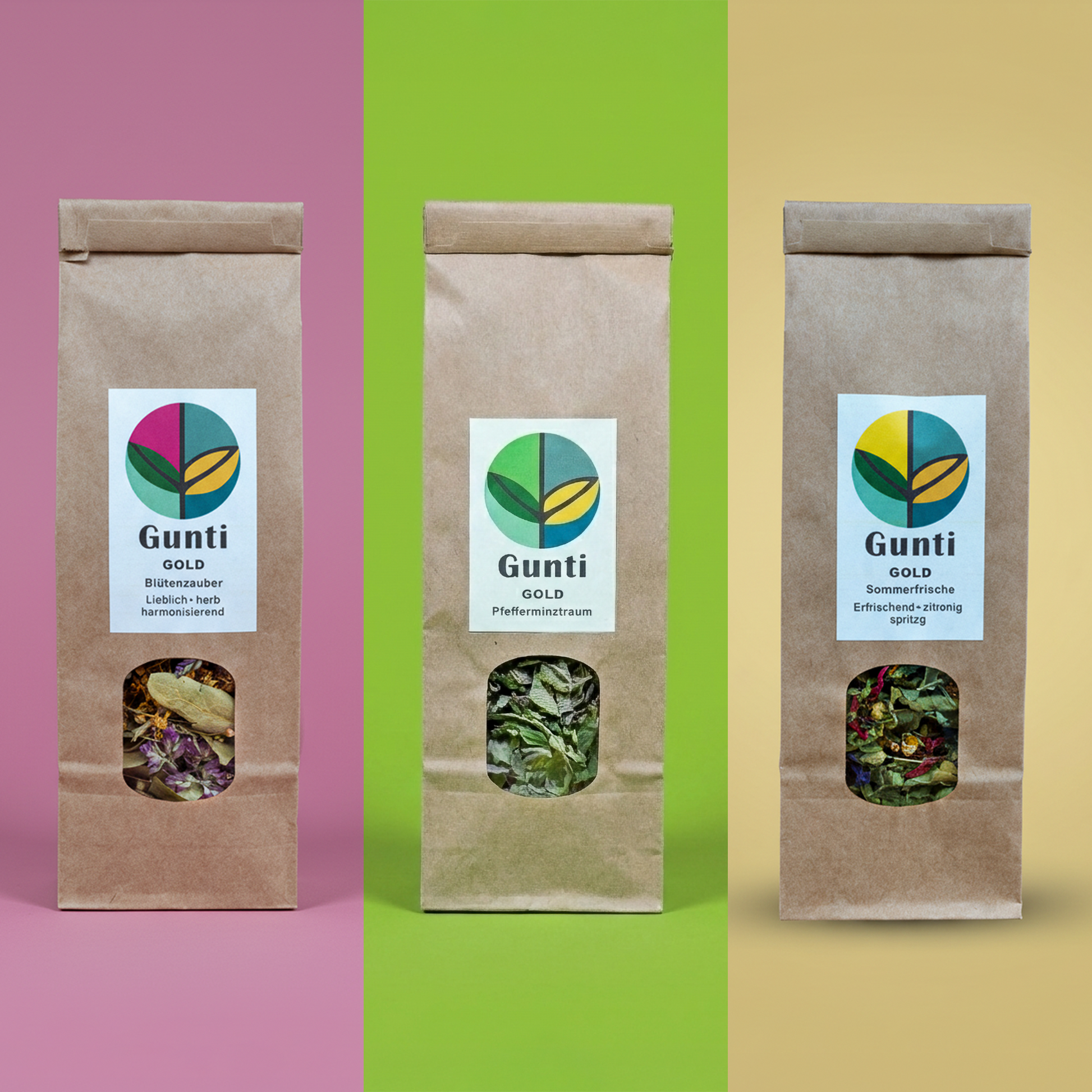 GuntiGold Kräutertee Probier Set. 3er Geschenkset aus der Schweiz mit den Sorten Blütenzauber, Minzetraum und Sommerfrische in nachhaltiger Verpackung.