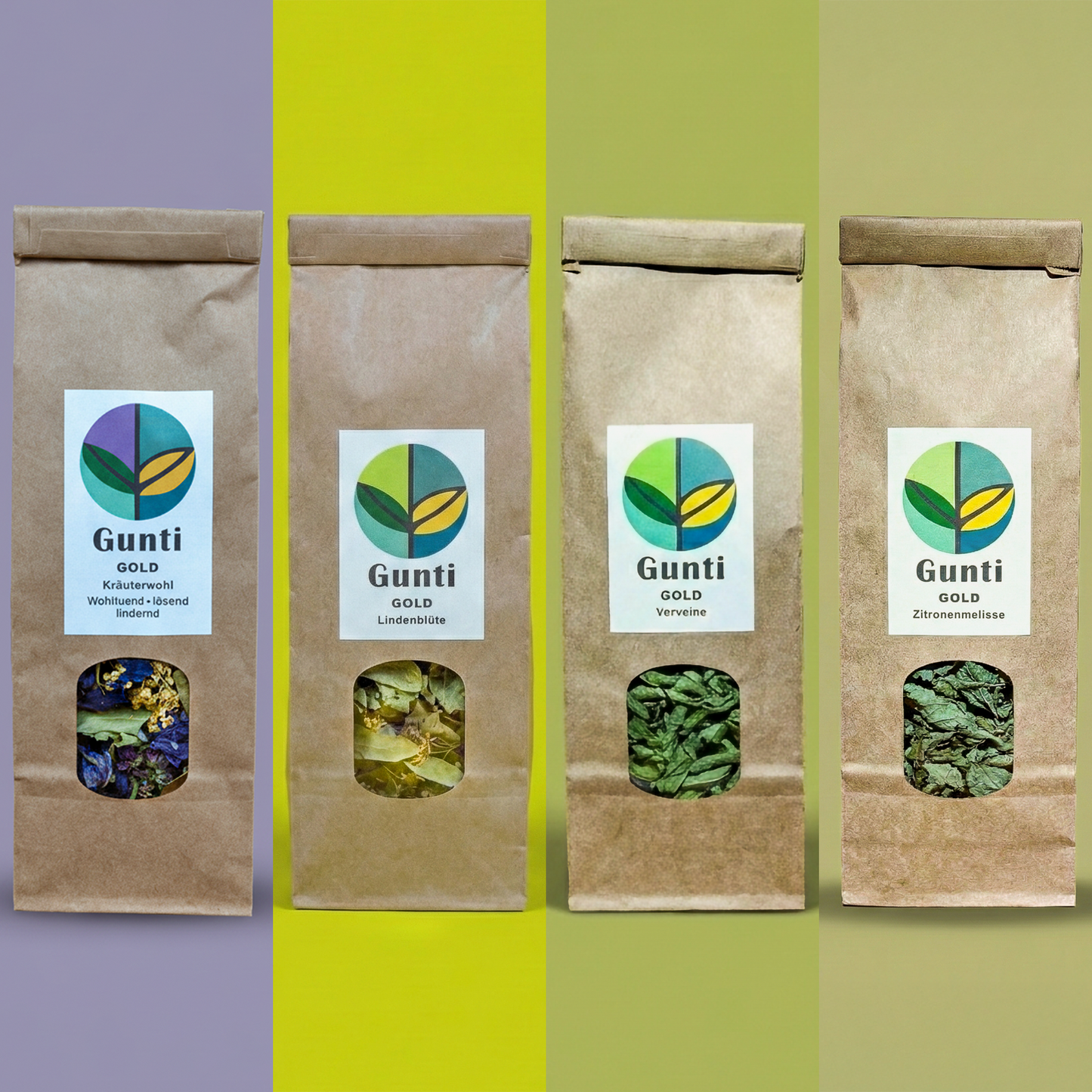 GuntiGold Entspannungs Tee Set. 4 beruhigende Schweizer Kräutertees (Lindenblüte, Melisse, Verveine, Kräuterwohl) zur Erholung und guten Schlaf.