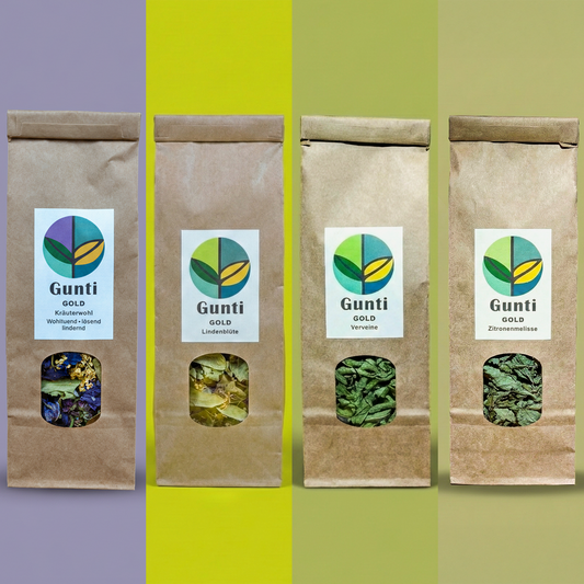 GuntiGold Entspannungs Tee Set. 4 beruhigende Schweizer Kräutertees (Lindenblüte, Melisse, Verveine, Kräuterwohl) zur Erholung und guten Schlaf.