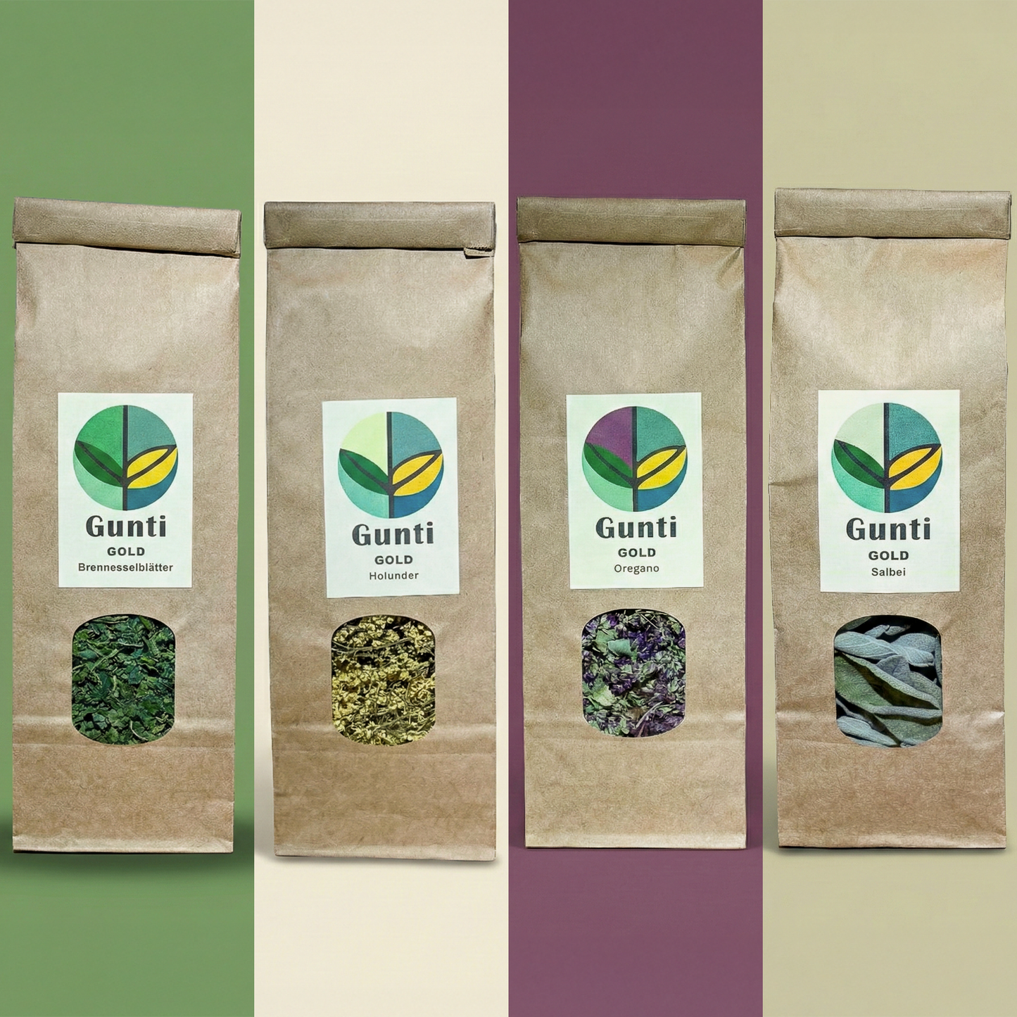 GuntiGold Winter-Tee Set. 4 kräftige und wärmende Kräutertees aus Guntalingen (Salbei, Holunder, Oregano, Brennnessel) für die kalte Jahreszeit.