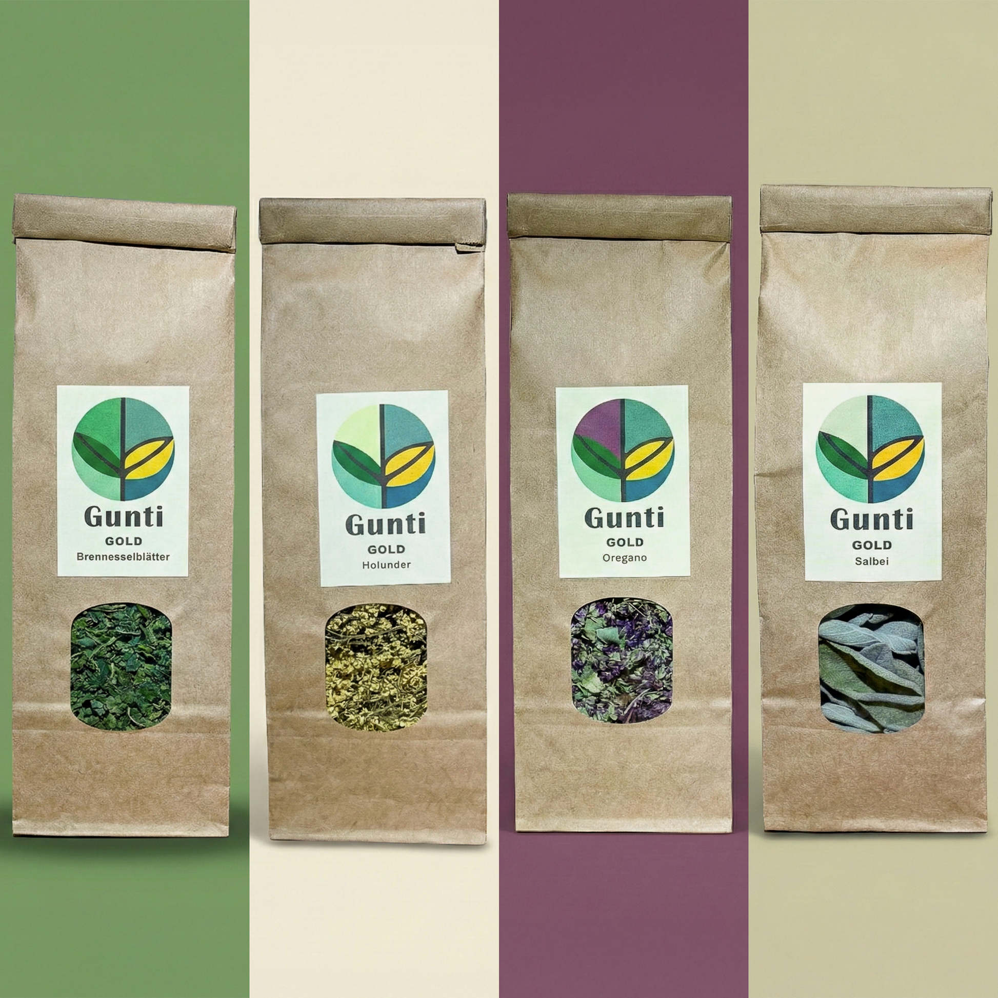 GuntiGold Winter-Tee Set. 4 kräftige und wärmende Kräutertees aus Guntalingen (Salbei, Holunder, Oregano, Brennnessel) für die kalte Jahreszeit.