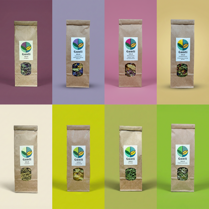 GuntiGold Kräutertee Grosspackung. Grosses Tee-Set mit 8 verschiedenen Schweizer Kräutersorten. Handgepflückter Tee-Vorrat für Büro und Familie.